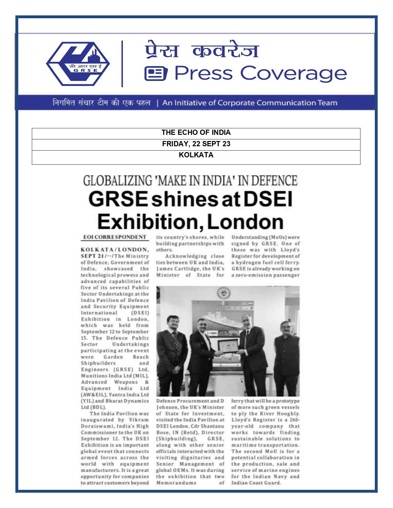 Press Coverage : The Echo of India, 21 Sep 23 : Globalizing Make in India in Defence, GRSE shines at DSEI Exhibition, London